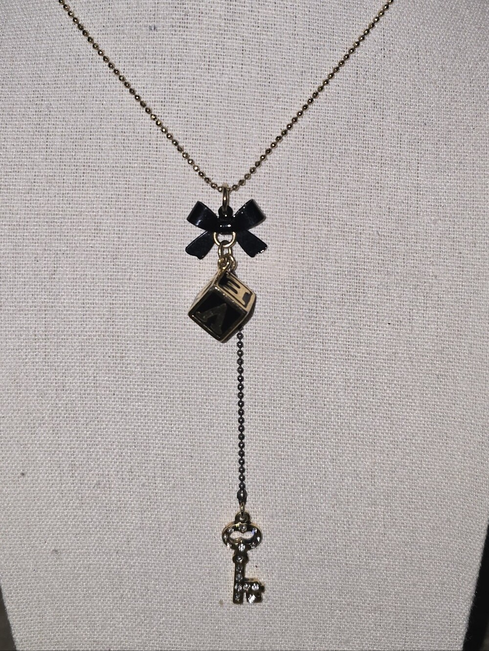Betsey Johnson Black Bow, LOVE Block & Rhinestone Key Pendant Necklace